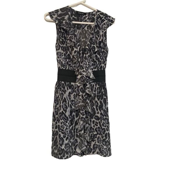 Charlie Jade 100% Silk Black Gray Leopard Ruffle Zip Sleeveless Dress Size Small - Picture 1 of 12